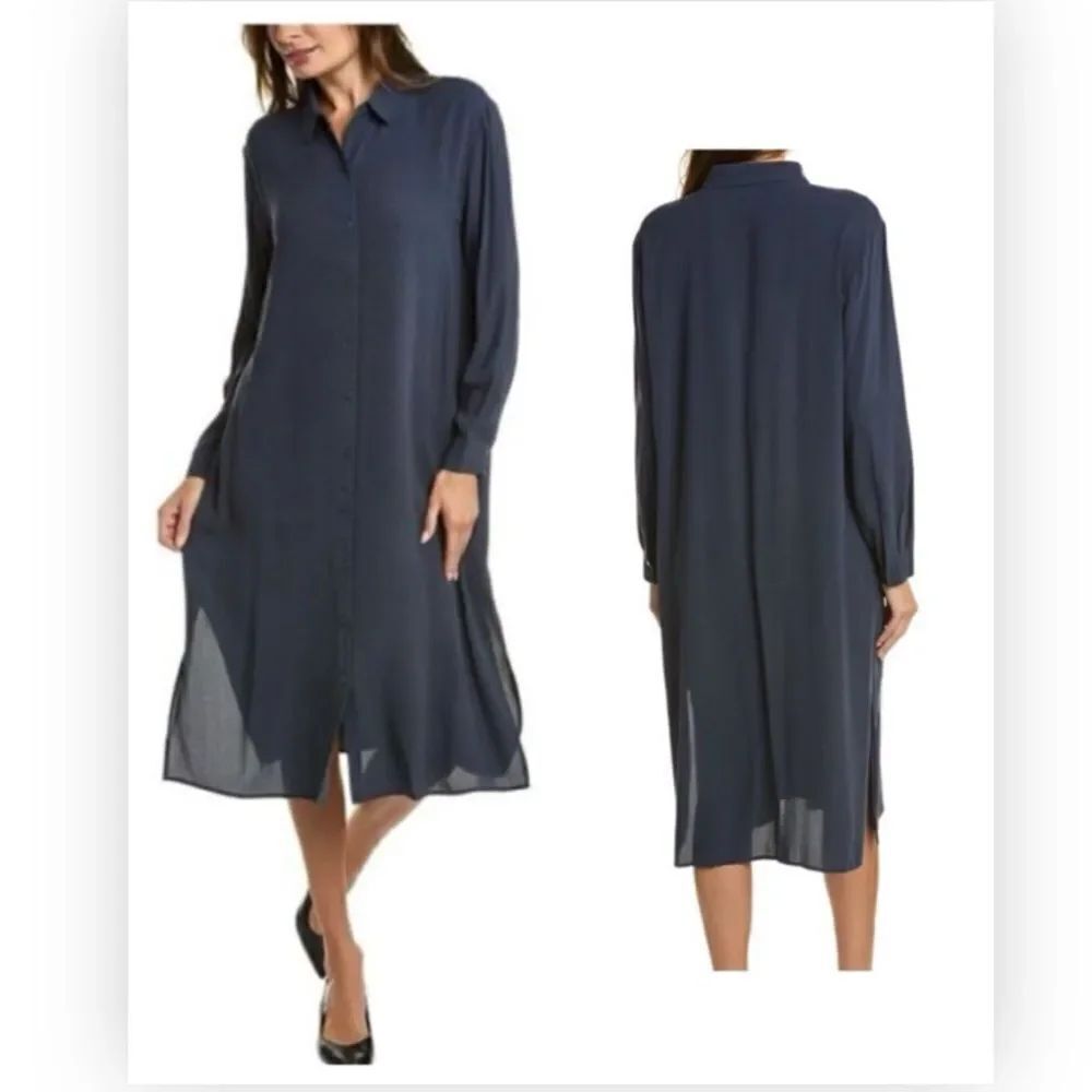 EILEEN FISHER Notch Collar Silk Shirtdress blue $398
